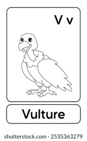 Letters V is for Vulture. Vulture coloring pages. Animal Flashcard printable learn letters Alphabet for kids education and game activity. Kindergarten and preschool worksheets printable for kids.