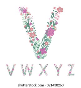 Letters V, W, X, Y, Z of the alphabet. Editable Vector hand-drawn monogram composed of flowers, branches and leaves on a white background.