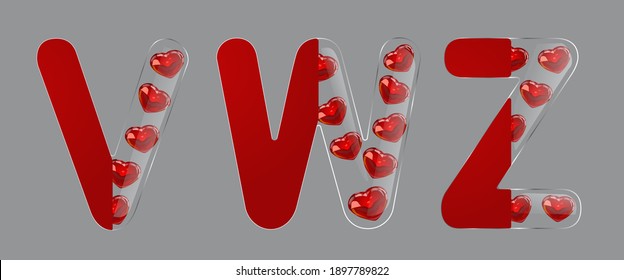 Letters V, W, Z for Valentines and other events. Vector illustration. Glass letter on half, red glass 3D heart of red color. Isolated on a gray background. Perfect for greeting cards, Internet