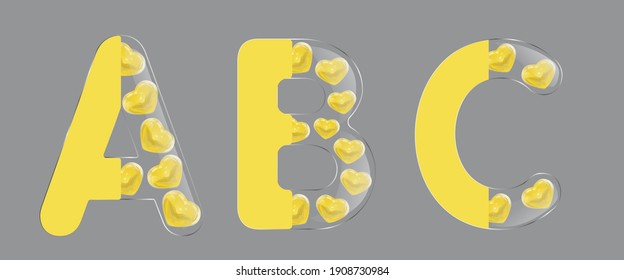 Letters for Valentine's Day. The letters A, B, and C. Vector illustration. Glass letter on the half, yellow glass 3D heart. Isolated on a gray background.