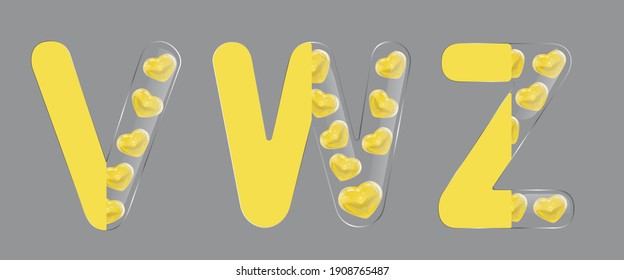 Letters for Valentine's Day. Letters V, W, Z. Vector illustration. Glass letter on the half, yellow glass 3D heart. Isolated on a gray background. Yellow color, modern style
