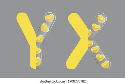 Letters for Valentine's Day. Letters Y, X. Vector illustration. Glass letter on the half, yellow glass 3D heart. Isolated on a gray background. Yellow color, modern style