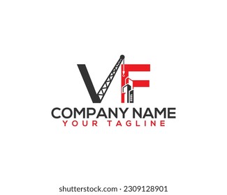 letters VF with crane and real estate Construction Logo. Contractor and construction work Creative vector illustration.