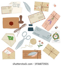 Letters and vintage envelopes with decorative flowers and threads, sealing wax and feather. Communication by postal mail, sending and receiving papers with text. Vector in flat style illustration