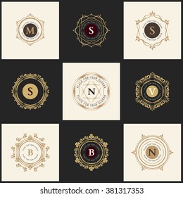 The letters V,M,S,N,B. Flourishes calligraphic monograms emblem template. Luxury elegant frame ornament line logo design vector illustration. Example designs for Cafe, Hotel,  Restaurant, Boutique