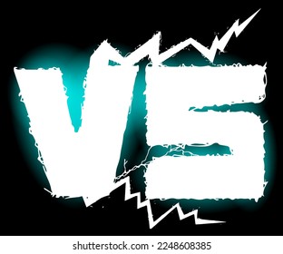 Letras VS con tornillos relámpago y el azul resplandece sobre un fondo negro. Símbolo de Versus y oposición en formato vectorial.