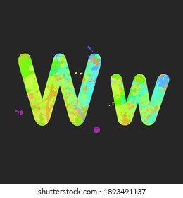 Letters W uppercase and lowercase with effect of liquid spots of paint in green, yellow, orange, blue colors, isolated on dark grey. Decoration element for design of a flyer, poster, title. Vector