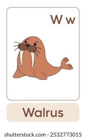 Letters W is for Walrus. Animal Flashcard printable learn letters Alphabet abc english for kids education and game activity. Kindergarten and preschool worksheets printable for kids.