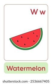 Letters W is for Watermelon. Fruit Flashcard printable learn letters Alphabet english for kids education and game activity. Kindergarten and preschool worksheets printable for kids.