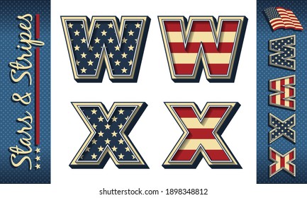 Letters W and X. Stylized vector initials with USA flag elements and colors, isolated on white, with example on dark background.