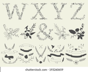 Letters W, X, Y, Z and ampersand. Floral elements of vintage alphabet in vector