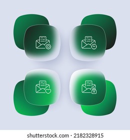 Letters with website buttons set icon. Message, gear, clock, heart, lock, settings, schedule, important, private. Email management concept. Glassmorphism. Vector line icon for Business and Advertising