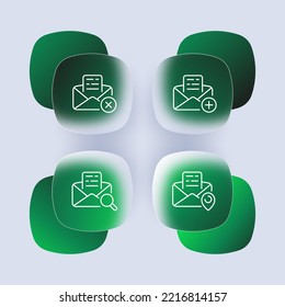 Letters wit website buttons set icon. Mail management, email, envelope, message, cross, plus, magnifier, location pointer, search, add, remove. Business concept. Glassmorphism style. Vector line icon