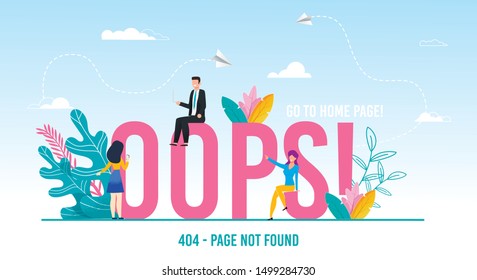 Letters Word Oops Disconnection Error. Cartoon Tiny People Male Female Characters Trying to Use Social Network on Mobile Phone but Page Not Found. Internet Operating System Fail. Vector Illustration