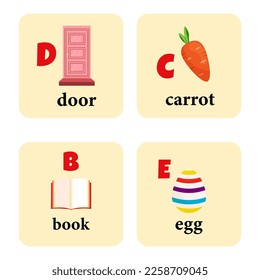 Letters with words on beige cards. Education and study. Vector stock illustration. White background. Kit. Carrot, door, book and egg. School. For children. English language