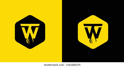 Letters WT, TW logo on hexagon and drop water or honey concept - unique vector symbols