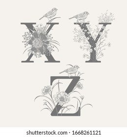 Letters X Y Z, flowers peonies, decorative herbs and birds isolated set. Vector decoration. Black and white. Vintage illustration. Floral pattern for greetings, wedding invitations, text design.