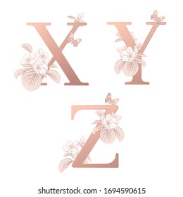 Letters X Y Z, flowers flowering sakura branches, butterfly isolated. Vector decoration. White, gold foil print. Vintage illustration. Floral pattern for greetings, wedding invitations, text design.