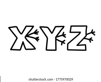 Letters XYZ hand drawn in black color isolated on white background with hands. Scribble texture font. Hand drawn vector illustration.