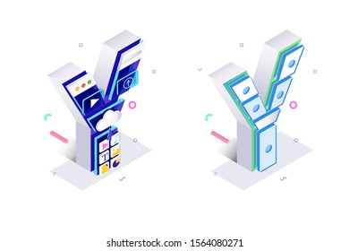 Letters Y with social networks elements vector illustration. Creative 3d isometric design of alphabet sign with personal data, graph, chart symbols. Internet technology concept