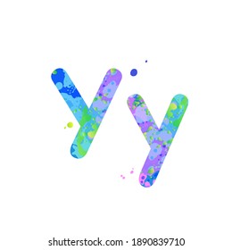 Letters Y uppercase and lowercase with effect of liquid spots of paint in blue, green, pink colors, isolated on white background. Decoration element for design of a flyer, poster, cover, title. Vector