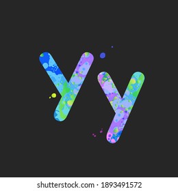 Letters Y uppercase and lowercase with effect of liquid spots of paint in blue, green, pink colors, isolated on dark grey. Decoration element for design of a flyer, poster, cover, title. Vector