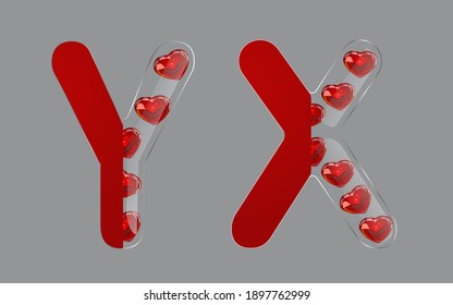 Letters Y, X for Valentines and other events. Vector illustration. Glass letter on half, red glass 3D heart of red color. Isolated on a gray background. Perfect for greeting cards, posters, Internet