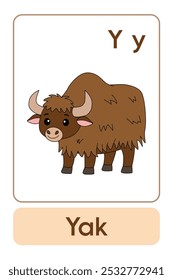 Letters Y is for Yak. Animal Flashcard printable learn letters Alphabet abc english for kids education and game activity. Kindergarten and preschool worksheets printable for kids.