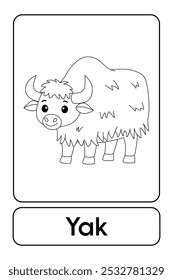 Letras Y é para Yak. Páginas de coloração iaque. Animal Flashcard printable aprender letras Alfabeto abc Inglês para crianças educação e atividade de jogo. Planilhas de jardim de infância e pré-escola imprimíveis para crianças.