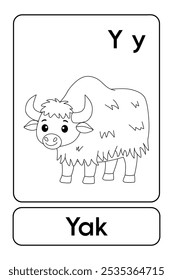 Letras Y é para Yak. Páginas de coloração iaque. Animal Flashcard printable aprender letras Alfabeto abc Inglês para crianças educação e atividade de jogo. Planilhas de jardim de infância e pré-escola imprimíveis para crianças.