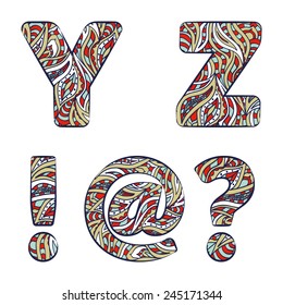 Letters Y, Z, exclamation mark, question mark, at commercial.  Set colorful alphabet of doodles patterns isolated on a white background. Vector illustration. 