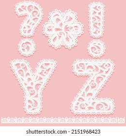 Letters Y, Z, question and exclamation of white lace guipure isolated on pink Lacy font and pattern brush border for label. Set pretty lace symbols for design card or invitation Vector illustration