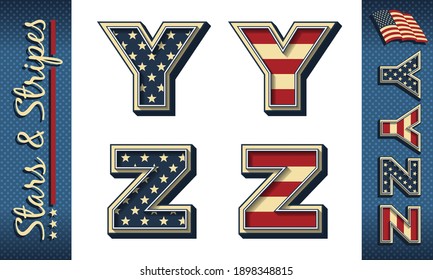 Letters Y and Z. Stylized vector initials with USA flag elements and colors, isolated on white, with example on dark background.