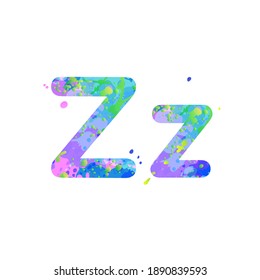 Letters Z uppercase and lowercase with effect of liquid spots of paint in blue, green, pink colors, isolated on white background. Decoration element for design of a flyer, poster, cover, title. Vector