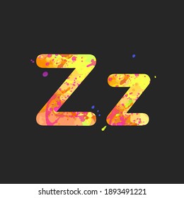 Letras Z en mayúscula y minúscula con efecto de manchas líquidas de pintura en color amarillo, naranja, púrpura, aisladas en gris oscuro. Elemento de decoración para el diseño de un volante, cartel, portada, título. Vector