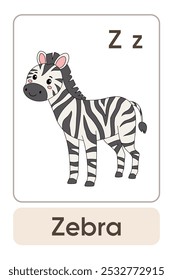 A letra Z é para zebra. Animal Flashcard printable aprender letras Alfabeto abc Inglês para crianças educação e atividade de jogo. Planilhas de jardim de infância e pré-escola imprimíveis para crianças.