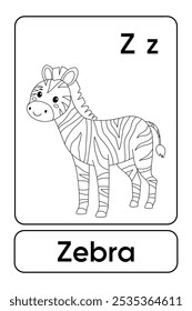 A letra Z é para zebra. Páginas de coloração de zebra. Cartão de animais para impressão Aprenda letras alfabeto inglês para educação infantil e atividade de jogos. Planilhas de jardim de infância e pré-escola imprimíveis para crianças.