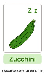 Letters Z is for Zucchini. Vegetable Flashcard printable learn letters Alphabet english for kids education and game activity. Kindergarten and preschool worksheets printable for kids.