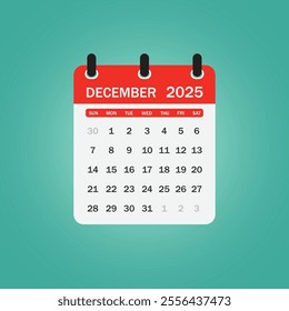 A letter-style calendar for December 2025. Vector illustration The week begins on Sunday, with concepts of time, planning, and scheduling, along with a removable calendar for the month.