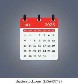 A letter-style calendar for July 2025. Vector illustration The week begins on Sunday, with concepts of time, planning, and scheduling, along with a removable calendar for the month.