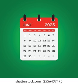 A letter-style calendar for June 2025. Vector illustration The week begins on Sunday, with concepts of time, planning, and scheduling, along with a removable calendar for the month.