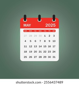 A letter-style calendar for May 2025. Vector illustration The week begins on Sunday, with concepts of time, planning, and scheduling, along with a removable calendar for the month.