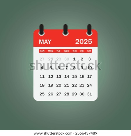 A letter-style calendar for May 2025. Vector illustration The week begins on Sunday, with concepts of time, planning, and scheduling, along with a removable calendar for the month.