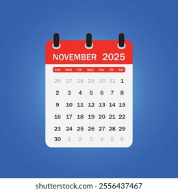 A letter-style calendar for November 2025. Vector illustration The week begins on Sunday, with concepts of time, planning, and scheduling, along with a removable calendar for the month.