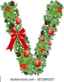 LetterV with decoration for Christmas design and New Year with spruce tree and holly red berries. Creative initial V letter vector. Creative Design vector Font for Title, Header, Lettering, Logo