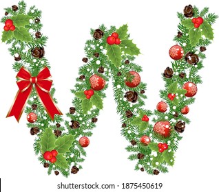 LetterW with decoration for Christmas design and New Year with spruce tree and holly red berries. Creative initial W letter vector. Creative Design vector Font for Title, Header, Lettering, Logo