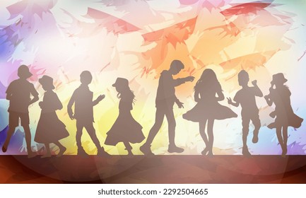 Letting Loose and Dancing Free: Vector Silhouette Illustration of a Joyful Boy and Girl Expressing through Dance, Capturing the Euphoria and Emotion of Movement, abstract background