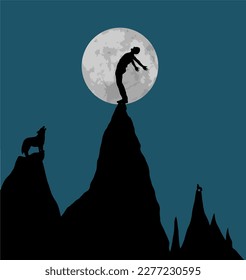 Letting off his emotions a man howls at the moon with a coyote nearby in a 3-d illustration about emotions.