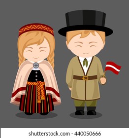 Letts in national dress with a flag. A man and a woman in traditional costume. Travel to Latvia. People. Vector flat illustration.