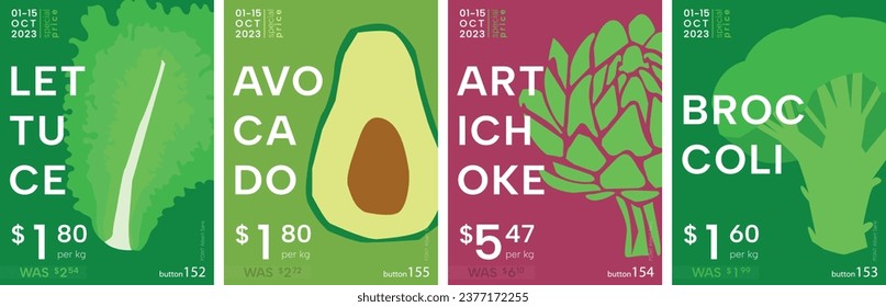 Salat, Avocado, Artischocken, Brokkoli. Gemüse-Plakat in flachem bunter Design. Preisschild, Etikett oder Poster. Flache Vektorgrafik.